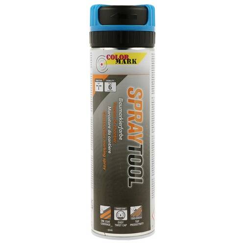 „Sprühdose mit Aufschrift ‚Color Mark Spray Tool' mit blauer Kappe, mit Text und Symbolen zur Beschreibung der Anwendung für Bauarbeiten.