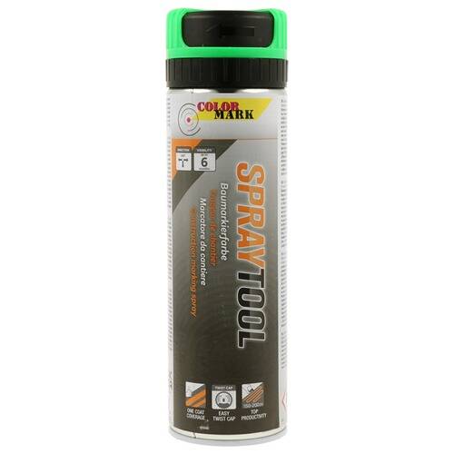Eine Dose Color Mark Spray Tool Farbe mit grüner Kappe. Zu den Merkmalen gehören Einschicht-Abdeckung, schnelle Trocknung und langanhaltende Ergebnisse.