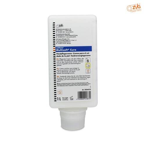 ZVG Medica Multisoft Cura' Hautpflegecremeflasche, 1 Liter. Weiße Flasche mit Text, der Verwendung und Inhaltsstoffe beschreibt. Orange Akzente.