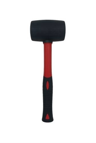 Ein schwarzer Gummihammer mit einem rot-schwarzen Griff, entworfen für sanftes Schlagen bei Bau- oder Reparaturaufgaben.