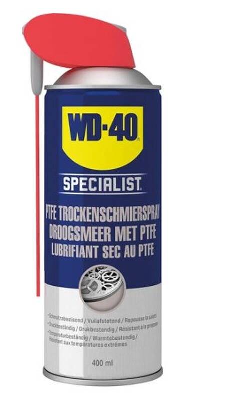 Eine Dose WD-40 Specialist PTFE-Schmiermittelspray mit Strohhalm-Aufsatz für präzise Anwendung.