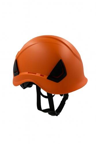 Orangener Schutzhelm mit schwarzem Kinnriemen, entwickelt für Bau- oder Industriegebrauch.