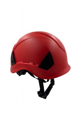 Roter Schutzhelm mit schwarzen verstellbaren Riemen, Seitenansicht.