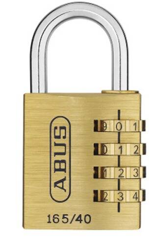 Ein Messingkombinationsvorhängeschloss mit vier drehbaren Zifferblättern, auf denen jeweils 