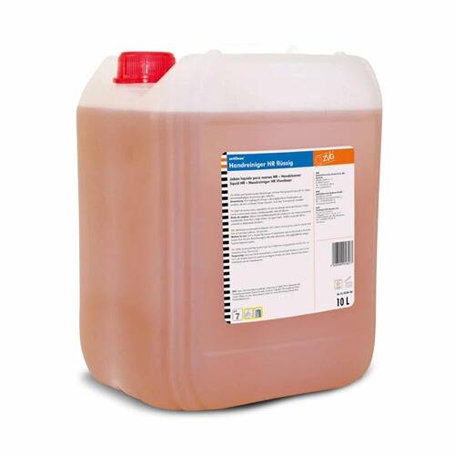 Ein 10-Liter-Behälter mit flüssigem Handreinigu**ngs**mittel mit roter Kappe. Das Etikett enthält Gebrauchsanweisungen und Produktdetails.