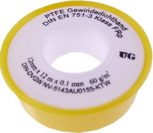 Gelbe Rolle PTFE-Gewinde­dicht­band, DIN EN 751-3 Klasse FRp, 12mm x 12m x 0,1mm, 60g/m² DIN-DVGW NV-5143AU0155-KTW in schwarzer Schrift.