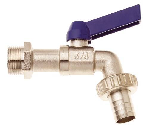 Ein Metallwasserhahn mit einem blauen Hebel, gekennzeichnet mit '3/4'. Geeignet für Sanitärinstallationen.