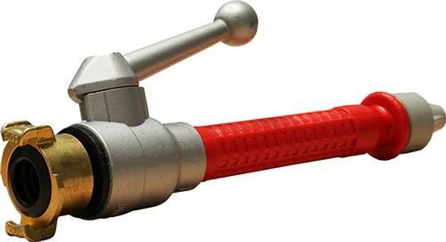 Ein roter Gummigriff-Hebel für Fettppressen mit silbernem Griff und Düse, konzipiert für mechanische Schmieraufgaben.