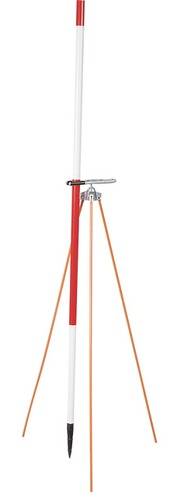 Ein rot-weiß gestreiftes Vermessungsstativ mit einer verstellbaren Oberklemme zum Halten von Ausrüstung, das beim Bau und bei der Kartierung für Stabilität und Präzision verwendet wird.