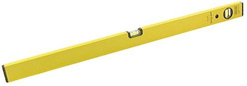 Eine gelbe Wasserwaage mit einer Luftblase in der Mitte zur Messung der horizontalen Ausrichtung.