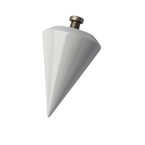 Ein weißer kegelförmiger Senklot mit einer Metallschraube oben, der zum Messen der vertikalen Ausrichtung im Bauwesen verwendet wird.