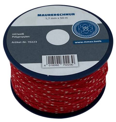 Eine Rolle Maurerschnur, 1,7 mm x 50 m, rot/weiß Polypropylen, gekennzeichnet mit der Produktnummer 70223 und Website www.mmxx.tools.