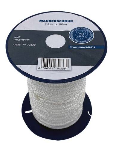 Eine Spule mit weißer Polypropylen-Maurerschnur, 3,0 mm x 100 m, beschriftet mit „MAUERSCHNUR