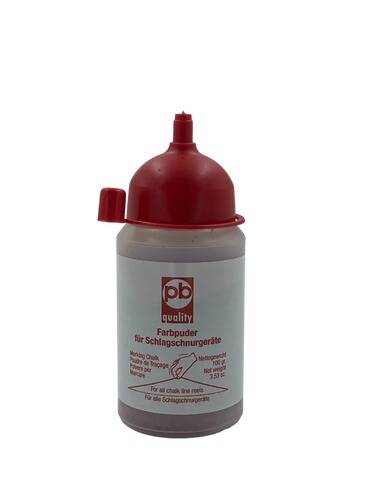 Eine Flasche mit rotem Deckel mit der Aufschrift „pb quality, Farbpuder für Schlagschnurgeräte
