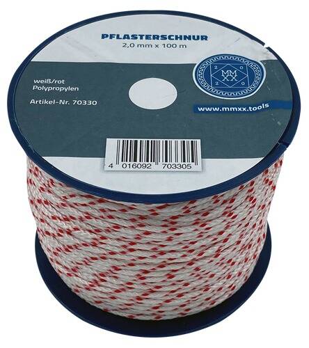 Pflasterschnur, 2,0 mm x 100 m, weiß/rot Polypropylen, Artikel-Nr. 70330, www.mmxx.tools' ist auf einer Spule mit gedrehtem Seil gedruckt.