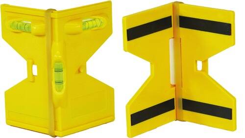 Eine gelbe Magnetwasswaage mit zwei Libellen für vertikale und horizontale Ausrichtung, konzipiert zur Verwendung auf Metallpfosten oder -flächen.