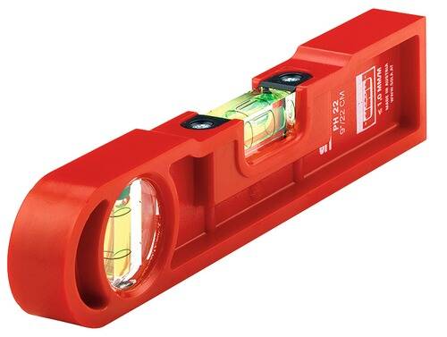 Eine rote Wasserwaage mit zwei Blasenröhrchen ist auf weißem Hintergrund positioniert und zeigt die Funktionalität der Ebenenmessung an.