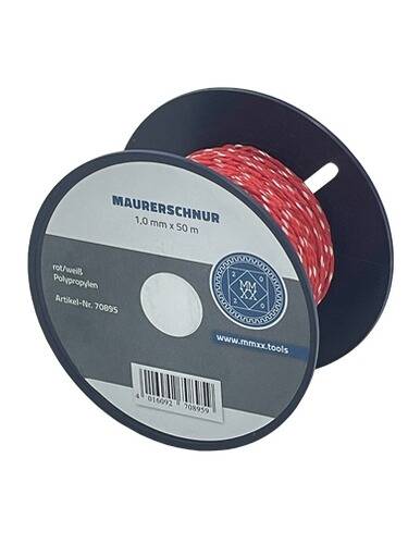 Eine Spule aus rot-weiß gestreiftem Polypropylen-'Maurerschnur' Maurerschnur, 1,0 mm x 50 m, Produktnummer 70895.