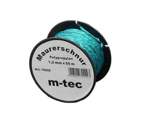 Blaue Polypropylen-Schweißschnur auf einer Spule, beschriftet mit „Maurerschnur, 1,2 mm x 50 m, Art. 70222, m-tec