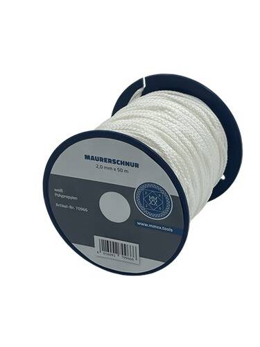 Eine Spule weißes Polypropylen-Seil mit der Aufschrift „MAURERSCHNUR 2,0 mm x 50 m