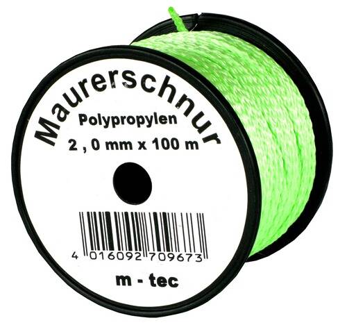 Eine Rolle grüne Polypropylen-Schnur mit der Aufschrift „Maurerschnur, 2,0 mm x 100 m