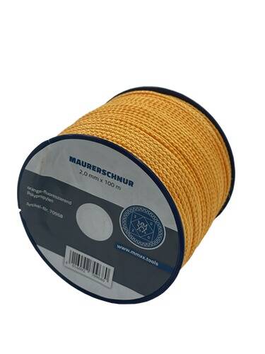 Eine Spule orangefarbenes geflochtenes Polypropylen-Seil, mit der Bezeichnung „Maurerschnur, 2,0 mm x 100 m