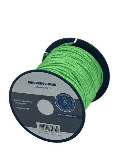 Eine Spule grüne fluoreszierende Maurerschnur, 2,0 mm x 50 m, mit der Bezeichnung „MAURERSCHNUR