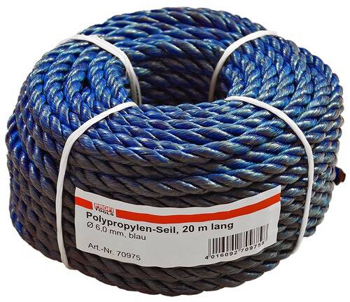 Ein aufgerolltes 20-Meter-Polypropylenseil in Blau- und Schwarztönen mit einem Etikett, auf dem steht „Polypropylen-Seil, 20 m lang, 6,0 mm, blau