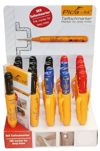 Ausstellung von Pica-Ink-Markierungswerkzeugen in verschiedenen Farben auf einem Ständer. Enthält sichtbare Verpackung mit Text in verschiedenen Sprachen.