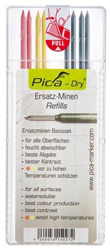 Ein Paket von 'Pica-Dry Ersatzminen Refills' für einen Marker, gekennzeichnet mit Vorteilen wie Verwendung auf allen Oberflächen und Temperaturbeständigkeit.