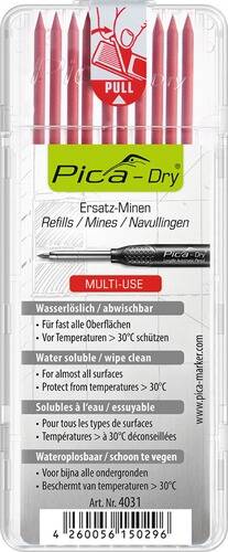 Eine Packung mit Pica-Dry-Nachfüllungen, die in mehreren Sprachen beschriftet ist; enthält ein Mehrweg-Etikett und Anweisungen zur wasserlöslichen Verwendung.
