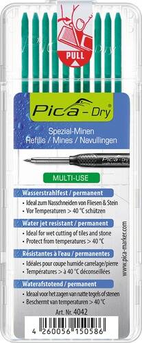 Pica-Dry Bleistiftmine-Verpackung mit Informationen: 'Wasserstrahlenbeständig/permanent', 'Ideal zum Nassschneiden von Fliesen und Stein', und weitere Details zur Mine.