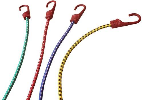 Vier farbenfrohe Bungee-Schnüre mit Haken auf weißem Hintergrund. Jede Schnur hat eine andere Farbe: grün, rot, blau und gelb.