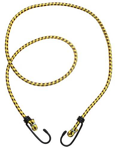 Ein gelbes und schwarzes Bungee-Seil mit Haken an beiden Enden, das eine lockere Schlaufe bildet.