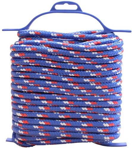 Blaues Seil mit roten und weißen Mustern, um einen Halter aufgewickelt.