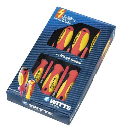 Kasten mit Witte-Schraubendrehern mit roten und gelben Griffen für elektrische Anwendungen, gekennzeichnet zur Erfüllung der DIN EN IEC 60900-Normen, „All-Torque