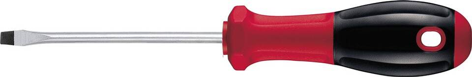 Ein Werkzeug mit rotem Griff und Metallschaft, das häufig für manuelle Arbeiten verwendet wird.