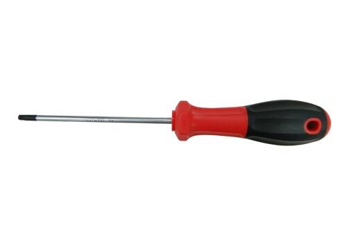 Ein Schraubendreher mit einem rot-schwarzen Griff und einer Metallklinge, häufig verwendet zum Befestigen von Schrauben.