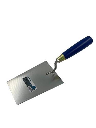 Eine Kelle mit blauem Griff und flacher Metallklinge, die zum Glätten oder Auftragen von Mörtel oder Putz verwendet wird.