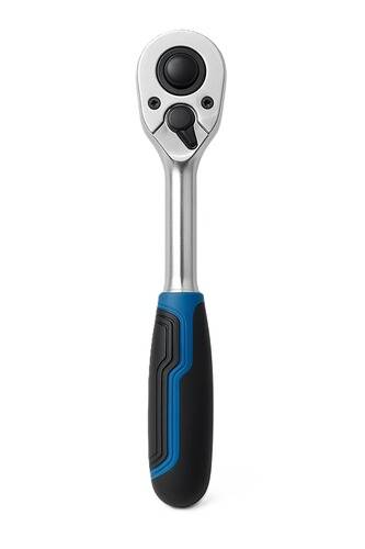 Ein Metallratschenschlüssel mit schwarzem und blauem Gummigriffgriff, aufrecht gegen einen weißen Hintergrund dargestellt.