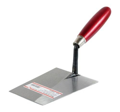 Ein silbernes und rotes Maurerwerkzeug mit einer flachen, rechteckigen Klinge, das zum Auftragen und Glätten von Mörtel oder Putz ausgelegt ist.