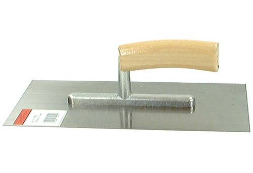 Ein rechteckiger Spachtel mit Holzgriff, wird zum Glätten und Formen von Materialien wie Gips oder Beton verwendet.