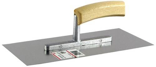 Ein Metallspachtel mit Holzgriff, der zum Glätten und Ebnen von Oberflächen wie Beton oder Putz verwendet wird.