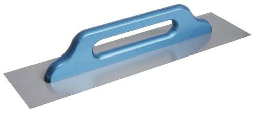 Eine Nahaufnahme eines blauen Wasserabbiegers mit einer ebenen Kante und einem rechteckigen Griff.