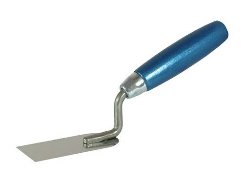 Ein kleiner Metallspachtel mit blauem Griff, typischerweise zum Verteilen oder Mischen in der Kunst oder beim Kochen verwendet.