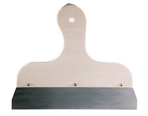 Ein Holzabzieher mit schwarzer Gummikante, mit einem Loch an der Oberseite zum Aufhängen.