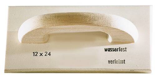 Ein Holzgriff von einem Glättungswerkzeug, das typischerweise zum Verputzen verwendet wird, mit teilweise sichtbarem Text 'Wassermann' auf der Seite.