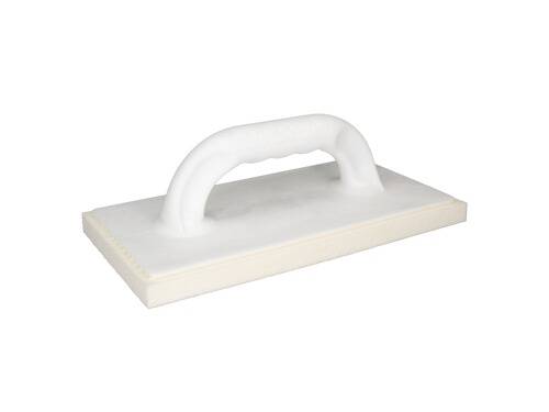 Ein weißer rechteckiger Fugenbrett mit Griff, das zum Verteilen von Fugenmasse zwischen Fliesen verwendet wird.