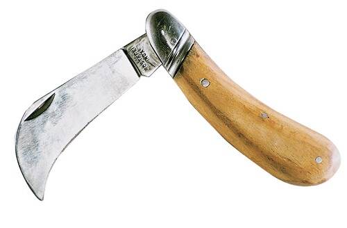 Ein Taschenmesser mit Holzgriff und teilweise geöffneter, glänzender Metallklinge vor weißem Hintergrund.