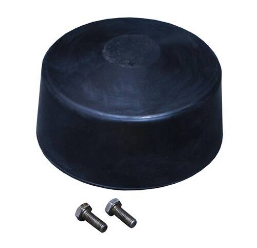 Eine große schwarze Gummikappe und zwei Metallschrauben darunter auf weißem Hintergrund.